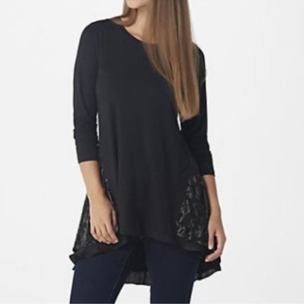 LOGO Black Tunic Top with Burnout Velvet Trim size small BEAUTIFUL